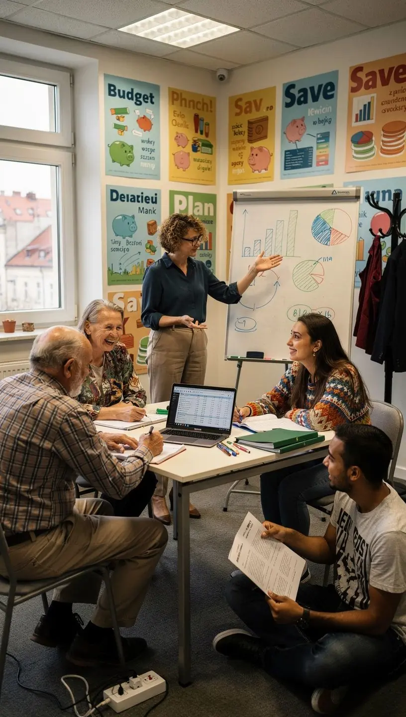 Grupa uczestników słuchająca wykładu o budżetowaniu i inwestowaniu